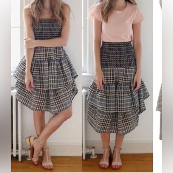 Ganni CHARRON Tiered Light Brown Plaid Versatile Skirt Dress - Picture 1 of 16